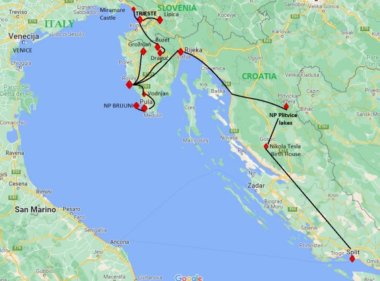 Tour map of pre trip to Italy, Slovenia and Croatia